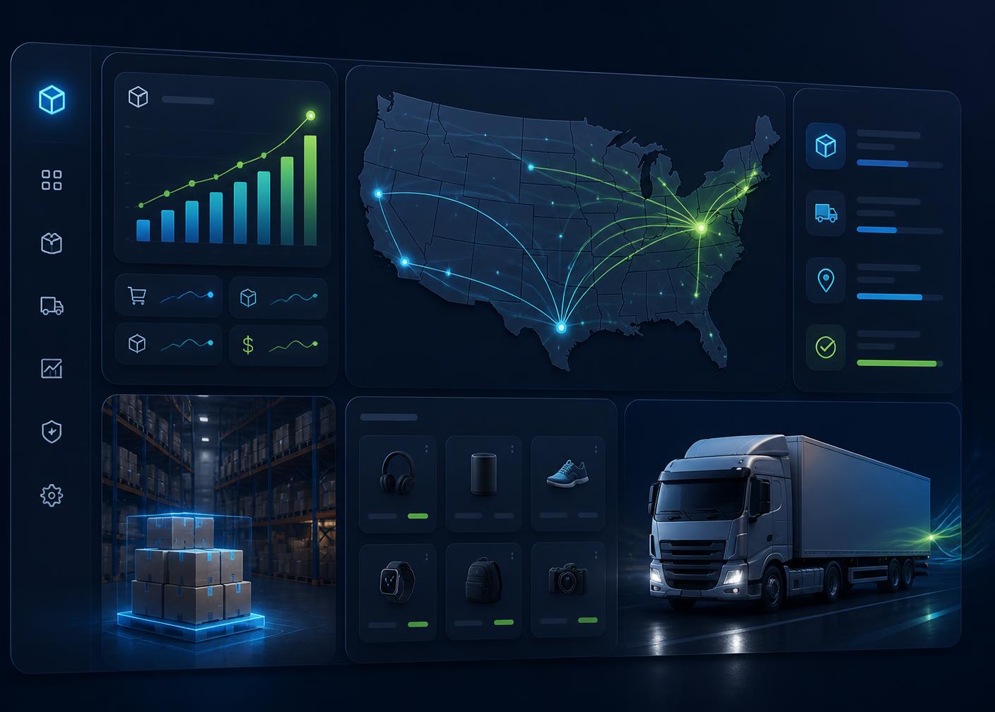 FormiqLoop BD warehouse dashboard showing US shipping routes, live order analytics, and same-day fulfillment